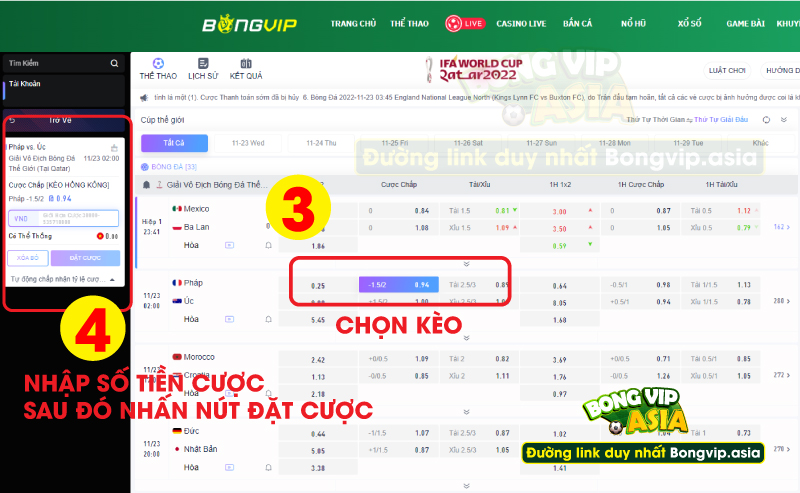 Chọn kèo và nhập số tiền muốn đặt cược