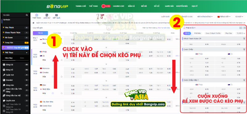 Click vào trận đấu mong muốn để xem các kèo phụ